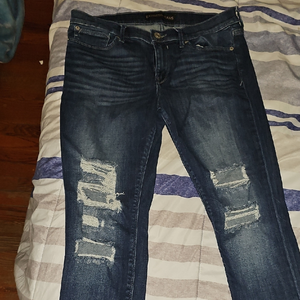 Express Dark Blue Distressed Skinny Jeans